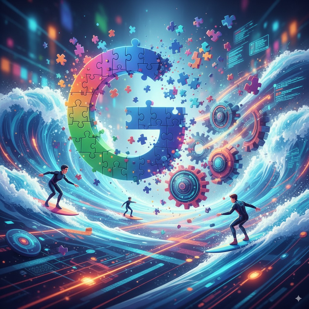 Giant morphing Google logo made of puzzle pieces Giant morphing Google logo made of puzzle pieces, shifting into futuristic algorithm gears, waves of data flowing, SEO marketers surfing on digital waves