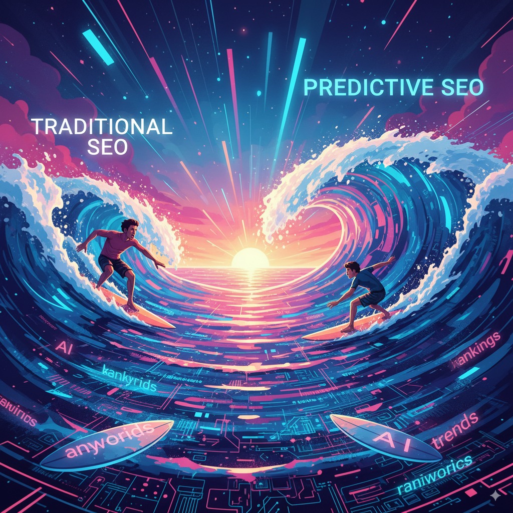 Two surfers in ocean Two surfers in ocean — one catching wave late (traditional SEO), the other paddling ahead of a glowing futuristic wave (predictive SEO). Digital ocean with keywords floating like surfboards