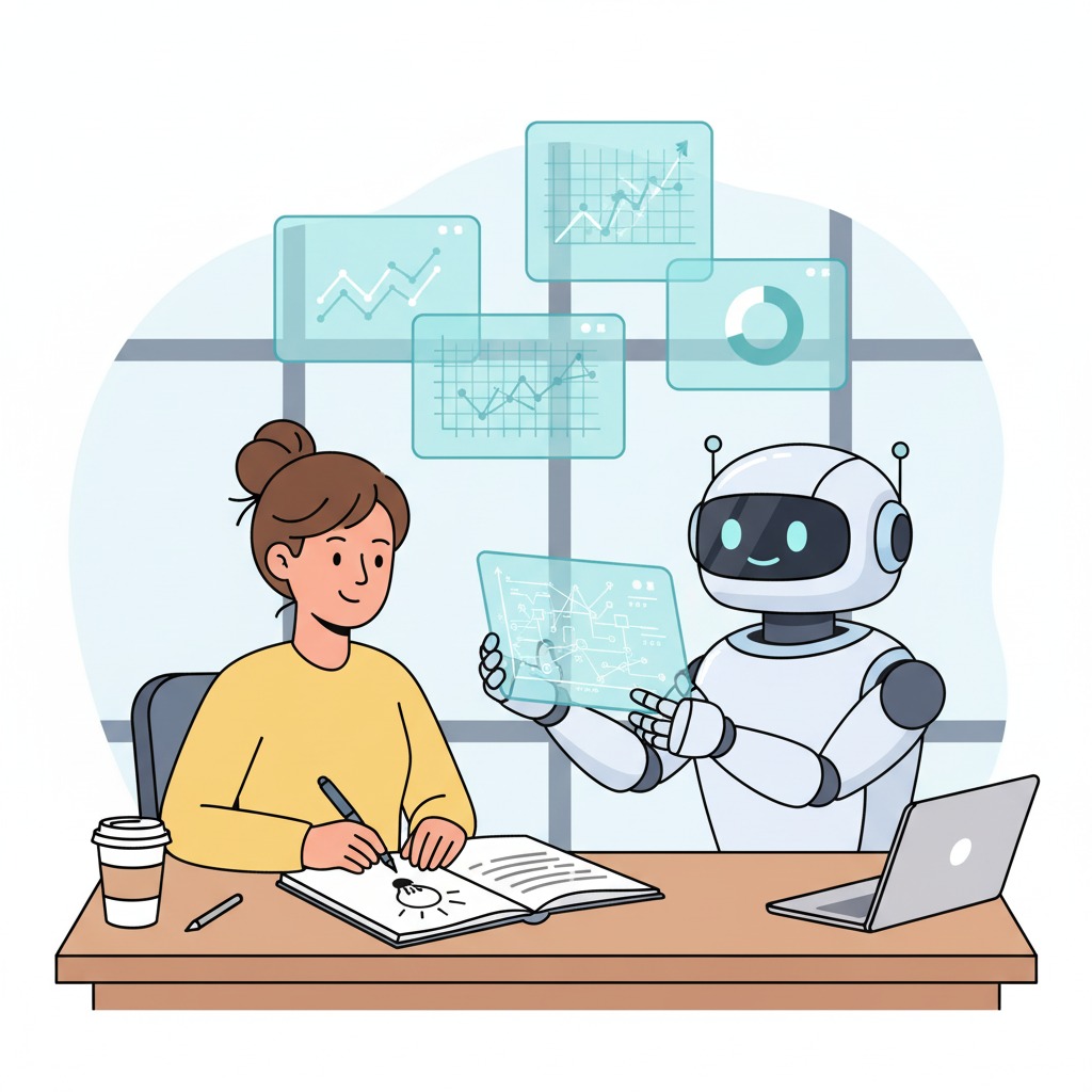 Human marketer and robot sitting side by side at a desk Human marketer and robot sitting side by side at a desk, robot handing over keyword data, human adding creativity with pen and paper, glowing graphs above them
