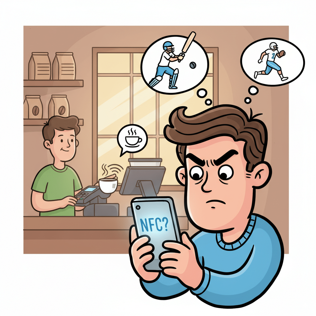 confused person looking at their phone A playful illustration of a confused person looking at their phone with "NFC?" on the screen, thinking it’s something random like sports or cricket, while in the background someone is paying with a phone at a coffee shop.