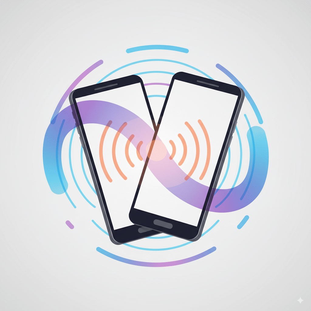 Two smartphones with glowing waves Two smartphones almost touching, with glowing waves between them, representing short-range communication.