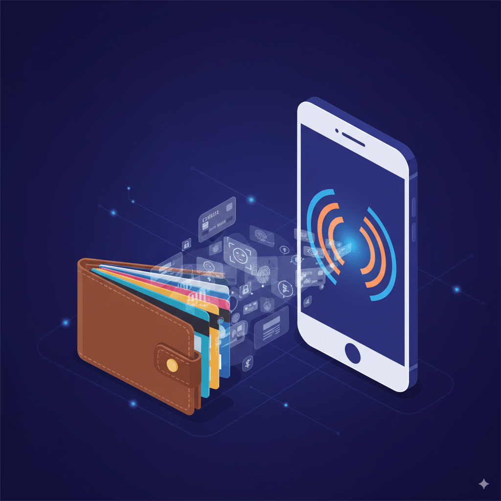 Wallet with credit cards fading away into digital icons Wallet with credit cards fading away into digital icons, while a smartphone with NFC glow replaces them.