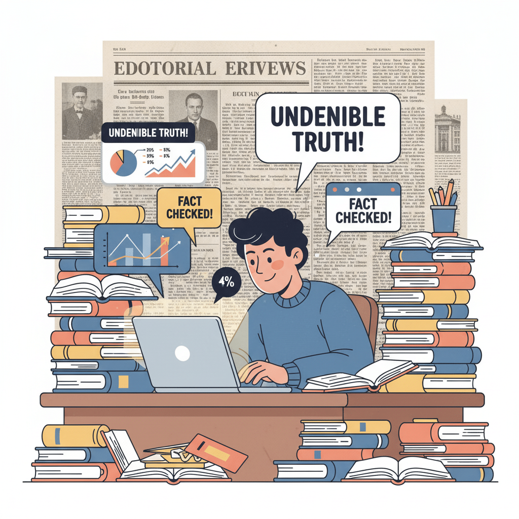 person sitting at a desk surrounded by books A person sitting at a desk surrounded by books, typing passionately on a laptop with speech bubbles showing stats, charts, and strong opinions. Editorial newspaper background.