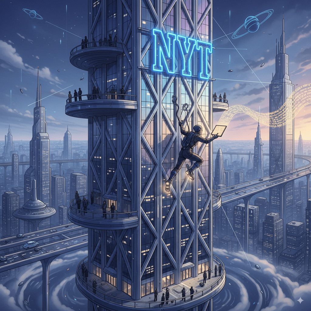 Futuristic illustration of a writer trying to climb a tall building Futuristic illustration of a writer trying to climb a tall building labeled “NYT” with a glowing essay in hand, symbolizing the challenge of getting published.Futuristic illustration of a writer trying to climb a tall building labeled “NYT” with a glowing essay in hand, symbolizing the challenge of getting published.