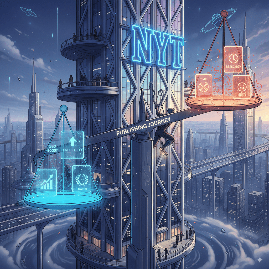 balance scale A balance scale: left side shows benefits (SEO boost, credibility, traffic), right side shows frustrations (time, rejection, edits).