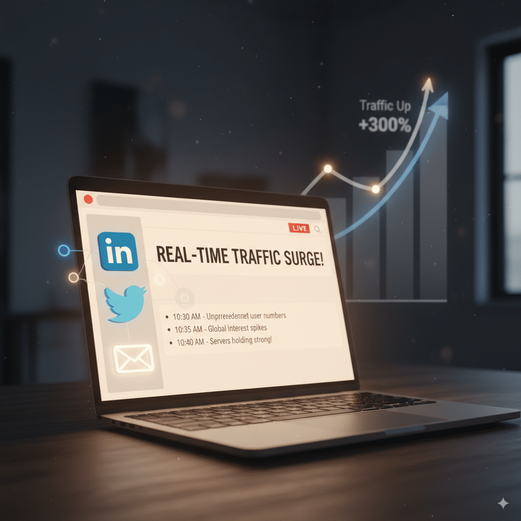 live blog article glowing on a laptop screen A live blog article glowing on a laptop screen, surrounded by social media icons (LinkedIn, Twitter, Email). A graph in the background shows rising traffic.