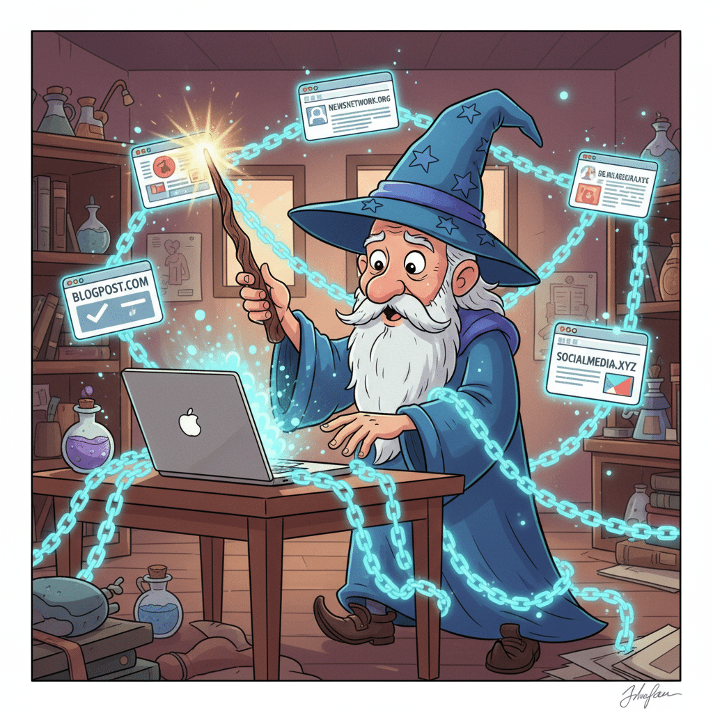 funny cartoon wizard waving a wand over a laptop A funny cartoon wizard waving a wand over a laptop, expecting backlinks to appear magically, but instead backlinks are shown as “chains” connecting websites together.