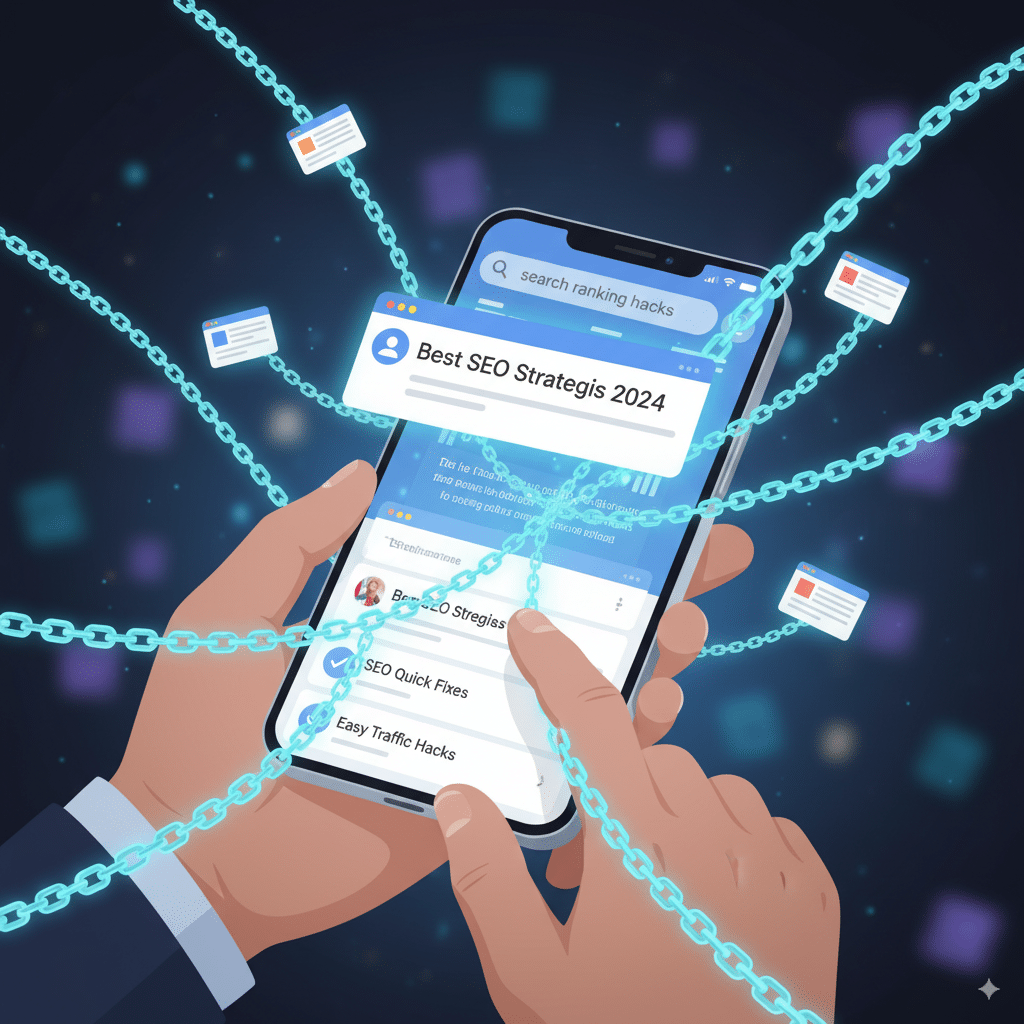 person scrolling through Google search results A person scrolling through Google search results with backlinks illustrated as glowing blue chains lifting one website higher than competitors.