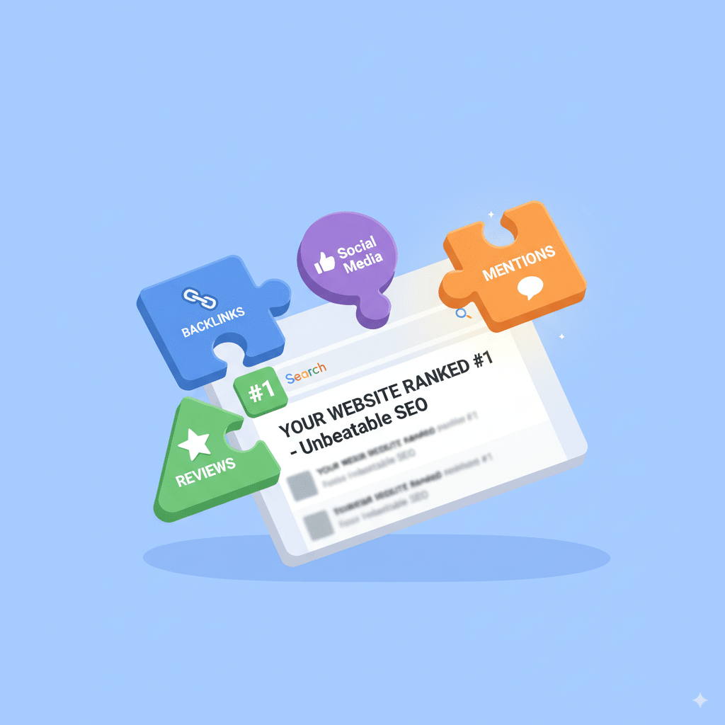 SEO pieces labeled A puzzle being completed: SEO pieces labeled “Backlinks,” “Social Media,” “Reviews,” “Mentions” fitting together to form a website ranking #1 on Google.