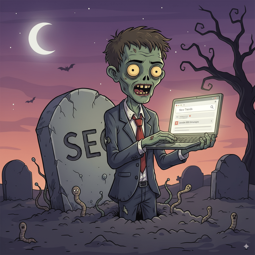 gravestone with “SEO” written on it A gravestone with “SEO” written on it, but a cartoon zombie version of SEO rises out smiling, holding a glowing laptop with Google search results.