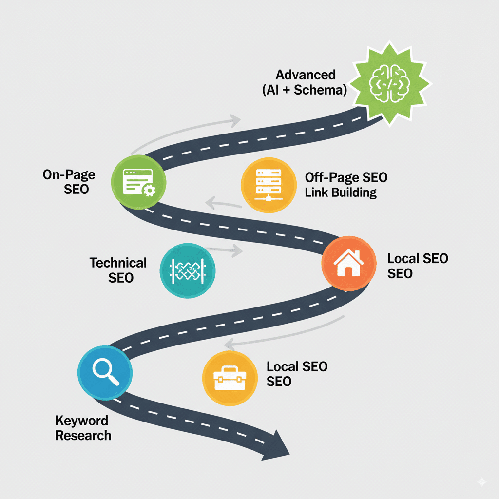 roadmap with SEO milestones An infographic-style roadmap with SEO milestones: Keyword Research, On-Page SEO, Technical SEO, Off-Page SEO, Link Building, Local SEO, Tools, Advanced (AI + Schema).