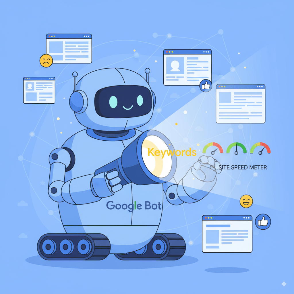 giant robot “Google Bot” scanning websites A giant robot “Google Bot” scanning websites with a flashlight, highlighting keywords, site speed meters, and user satisfaction icons.
