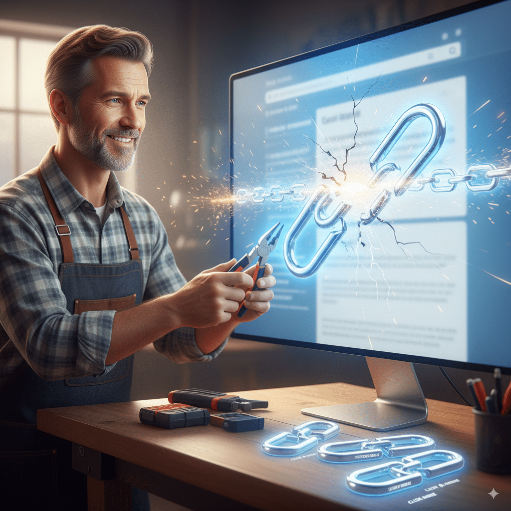 friendly handyman fixing a broken glowing blue hyperlink chain A friendly handyman fixing a broken glowing blue hyperlink chain on a webpage, replacing it with a shiny new link.