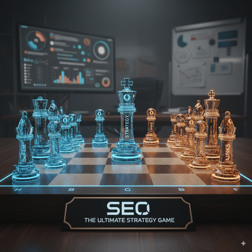 chessboard with pieces labeled A chessboard with pieces labeled On-Page, Off-Page, Technical, Content, Links, showing SEO as a strategy game.