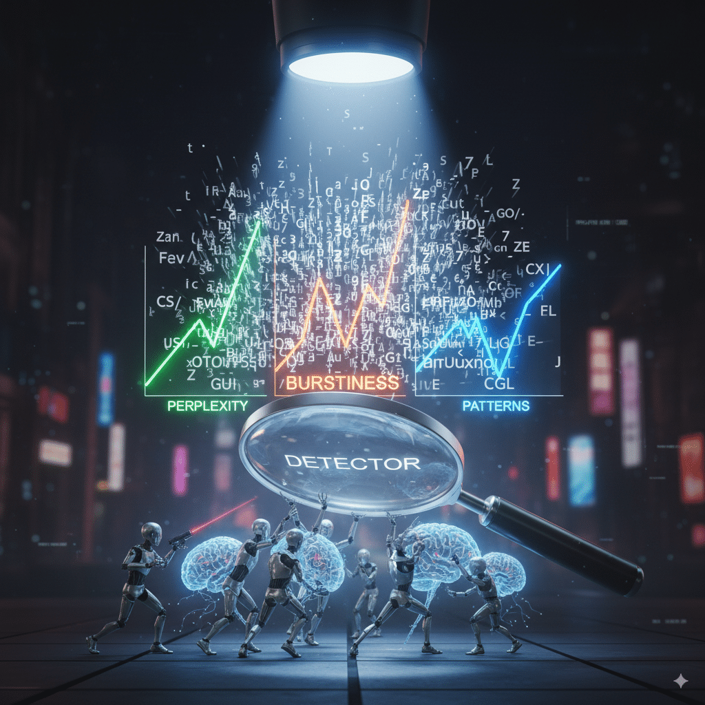 Futuristic scanner beam analyzing floating text with glowing graphs labeled “Perplexity,” “Burstiness,” and “Patterns.” Small robots and AI brains fight against a magnifying glass labeled “Detector.”