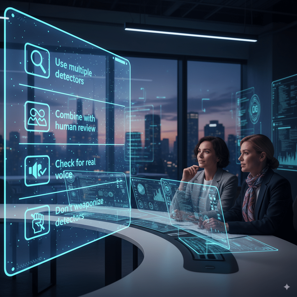 Checklist board with glowing icons: “Use multiple detectors,” “Combine with human review,” “Check for real voice,” “Don’t weaponize detectors.” A teacher and marketer nodding while reviewing text side by side with AI tools.