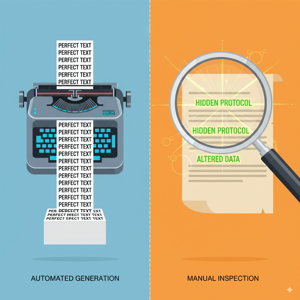 a robotic typewriter spitting out “perfect” text A side-by-side illustration: left side = a robotic typewriter spitting out “perfect” text, right side = a magnifying glass highlighting suspicious glowing lines of text on a document.