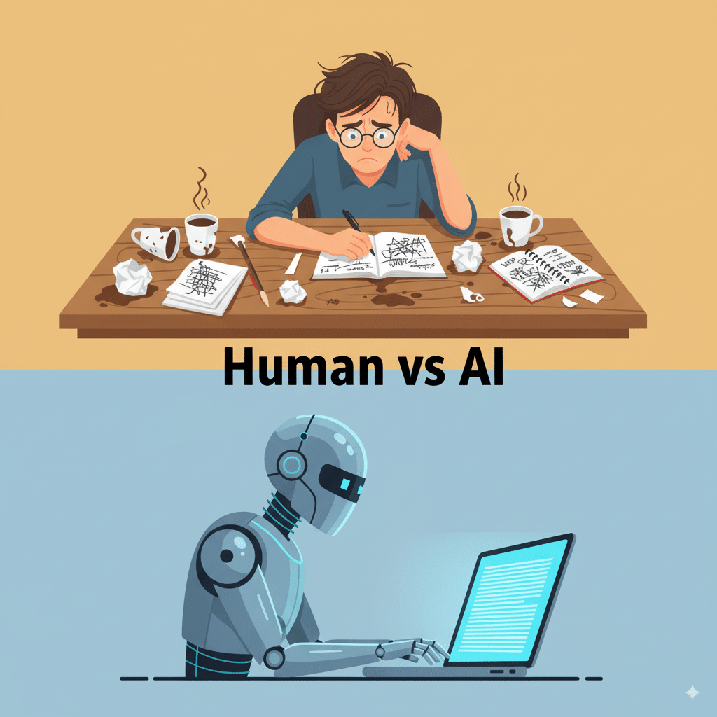 Human vs AI A split-screen concept: top = a human writer at a messy desk with coffee stains and scribbled notes, bottom = a sleek AI robot typing flawless paragraphs on a glowing laptop. Caption floating: “Human vs AI.”