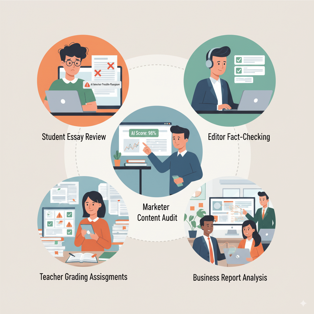 Collage-style illustration with 5 bubbles Collage-style illustration with 5 bubbles showing use cases: Student with essay flagged. Editor reviewing an article on laptop. Marketer checking blog post. Teacher with classroom assignments. Business team reviewing reports.