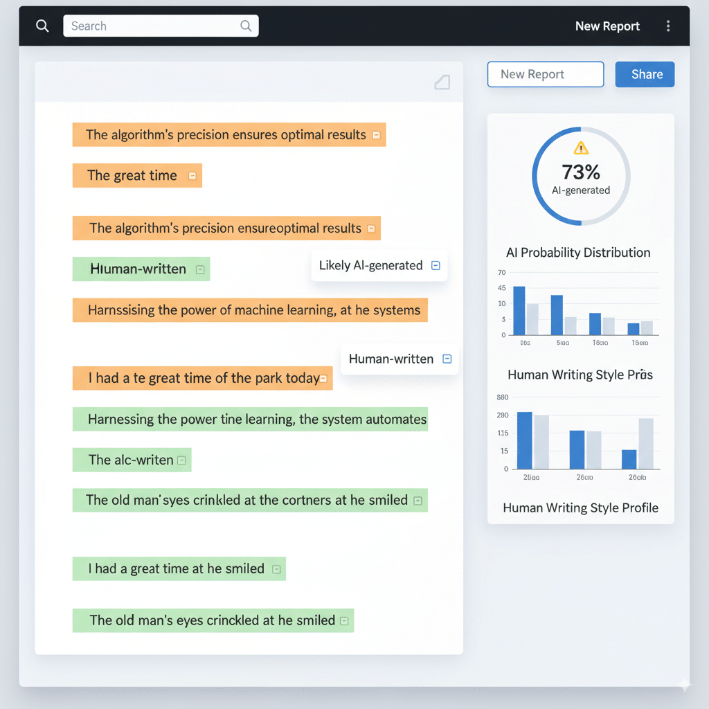 report dashboard screenshot mockup A report dashboard screenshot mockup: text with certain sentences highlighted in orange with a note “Likely AI-generated,” while others glow green “Human-written.”