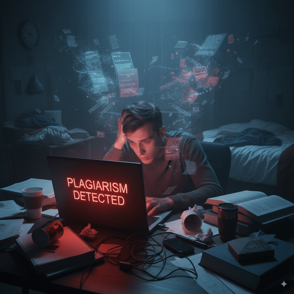 tressed student at 2 AM with coffee cups everywhere A stressed student at 2 AM with coffee cups everywhere, looking at a laptop glowing with a big red “Plagiarism Detected” warning. Behind them, ghostly duplicate text floats in the air.