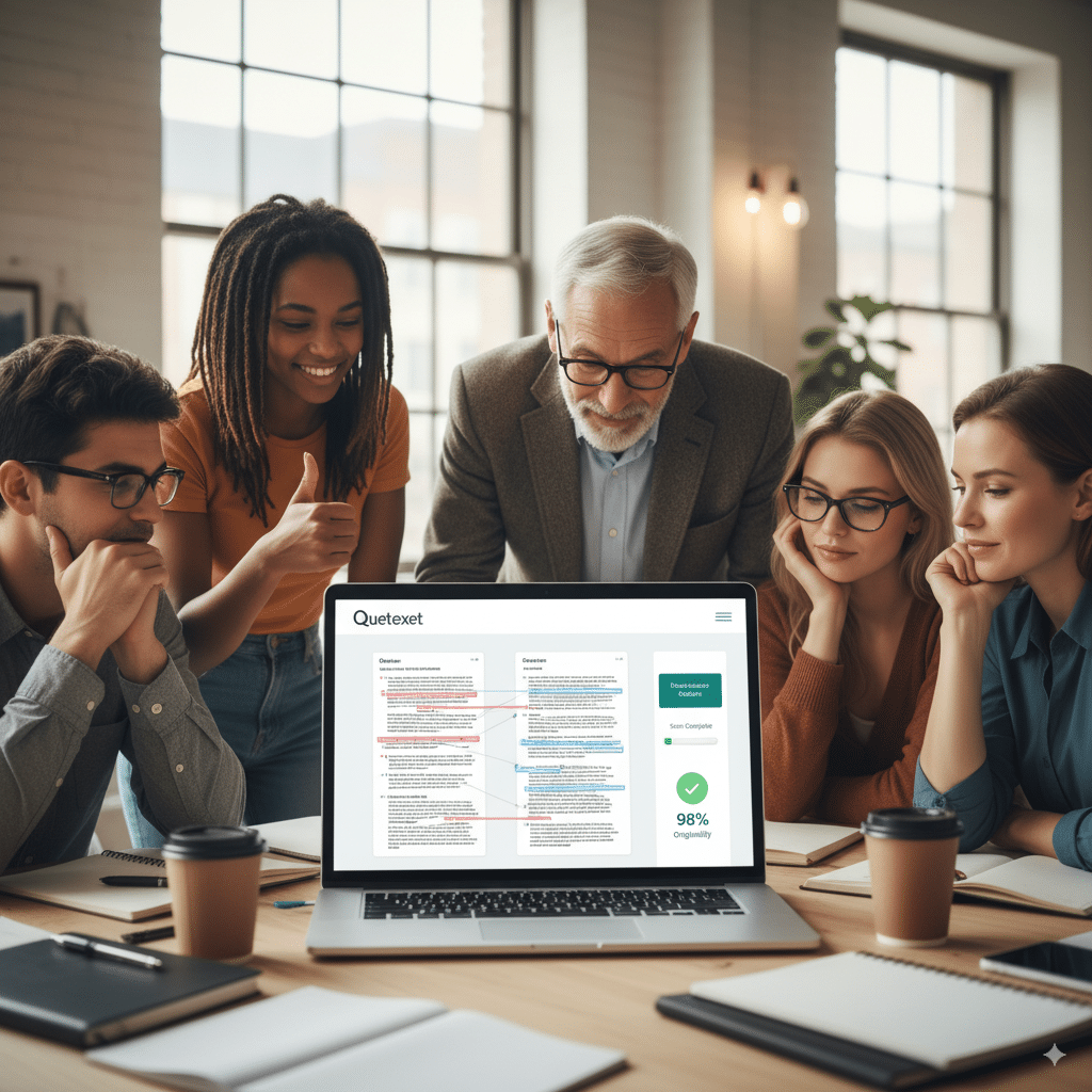 modern dashboard on a laptop screen labeled “Quetext” scanning text documents A clean, modern dashboard on a laptop screen labeled “Quetext” scanning text documents, highlighting sections in different colors. Around it, students, writers, and researchers watch with relief.