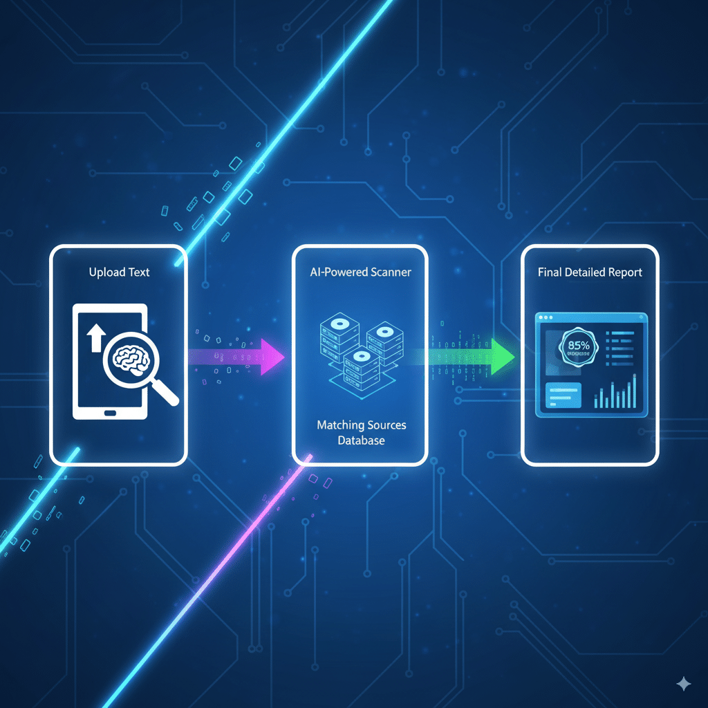 A flowchart-style illustration A flowchart-style illustration: Upload text → AI-powered scanner beam → Matching sources database → Final detailed report with percentages. Futuristic glowing arrows connect each step