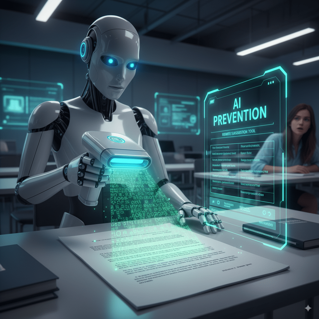 robot teacher holding a glowing scanner over a student’s essay A robot teacher holding a glowing scanner over a student’s essay, catching hidden AI text inside. Next to it, a rewrite suggestion tool glowing with “AI Prevention.”