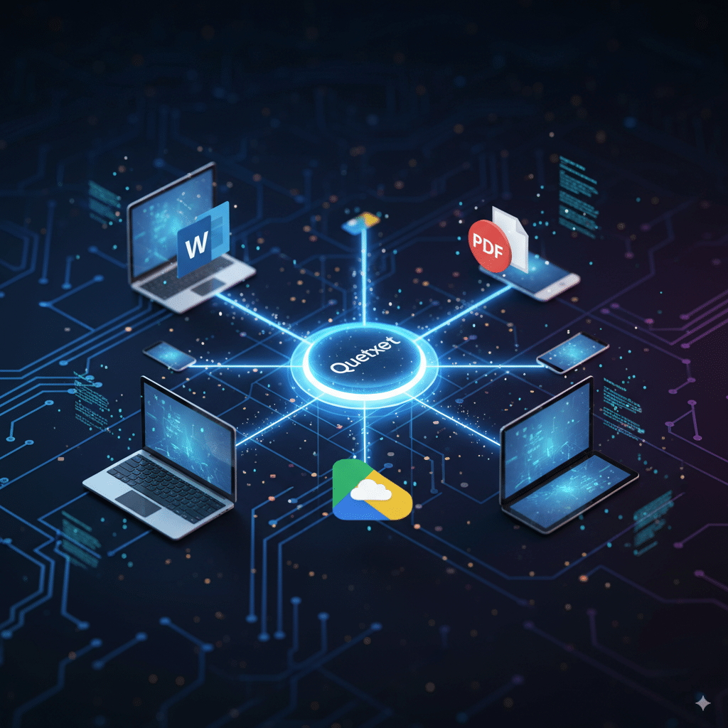 Icons of Word, PDF, and Google Drive connected to a glowing “Quetext” hub Icons of Word, PDF, and Google Drive connected to a glowing “Quetext” hub. Laptops, tablets, and mobile phones sync together with lines of light.