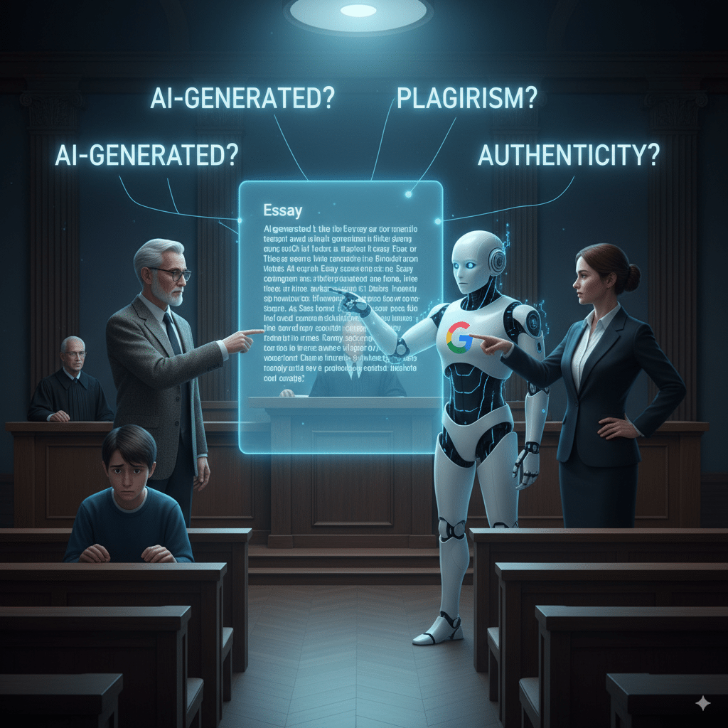 ourtroom scene where a professor, a Google search bot, and a brand manager are pointing at a student essay A courtroom scene where a professor, a Google search bot, and a brand manager are pointing at a student essay. Floating text above them shows “AI-generated? Plagiarism? Authenticity?”