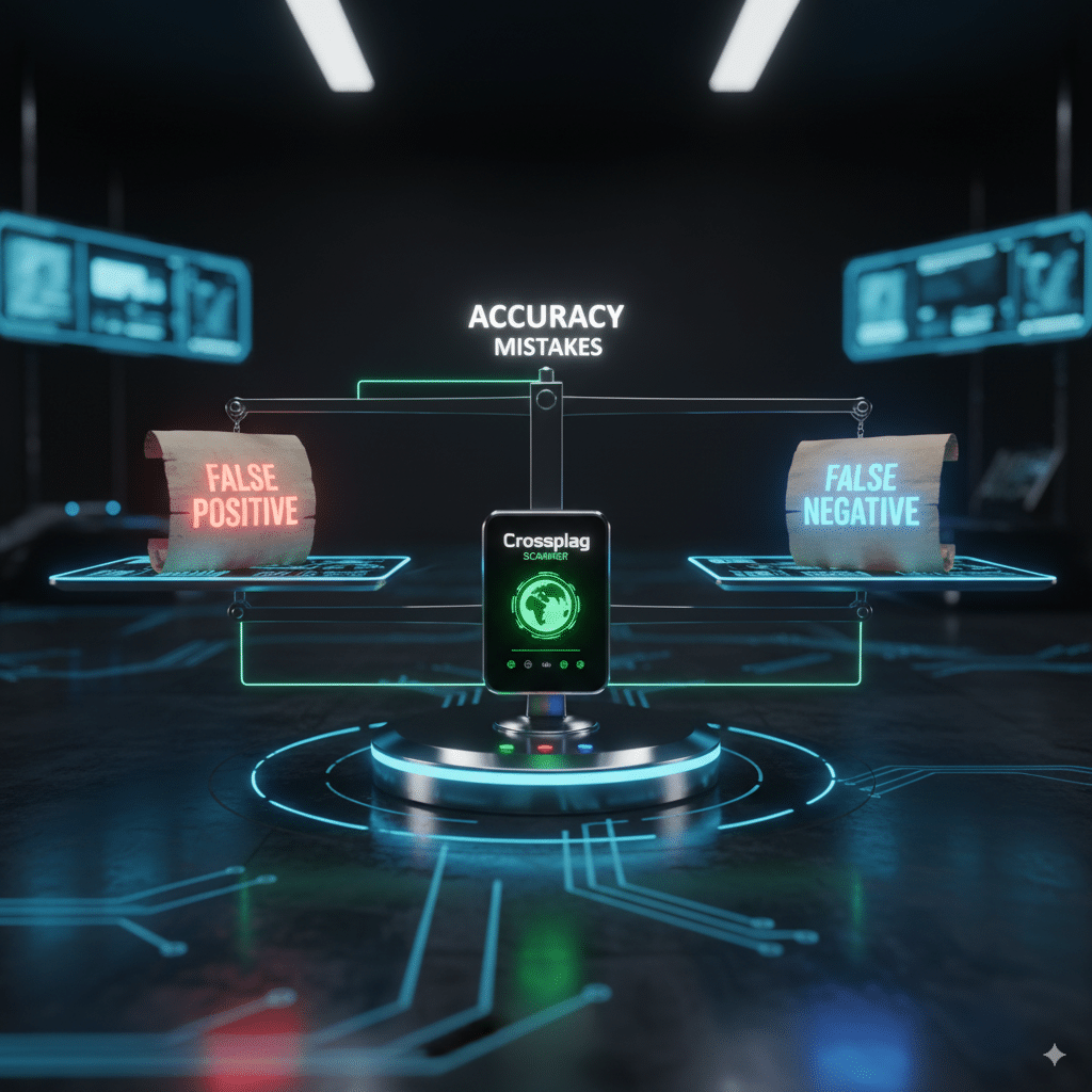 futuristic scale weighing two scrolls: one labeled “False Positive,” one labeled “False Negative. A futuristic scale weighing two scrolls: one labeled “False Positive,” one labeled “False Negative.” Crossplag scanner in the middle glowing green, balancing accuracy vs mistakes.