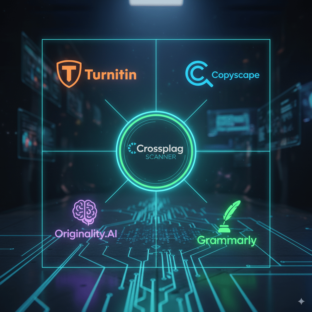 Logos or glowing icons Logos or glowing icons for Turnitin, Copyscape, Originality.AI, Grammarly, arranged in a comparison grid, with Crossplag glowing in the center as the main focus.