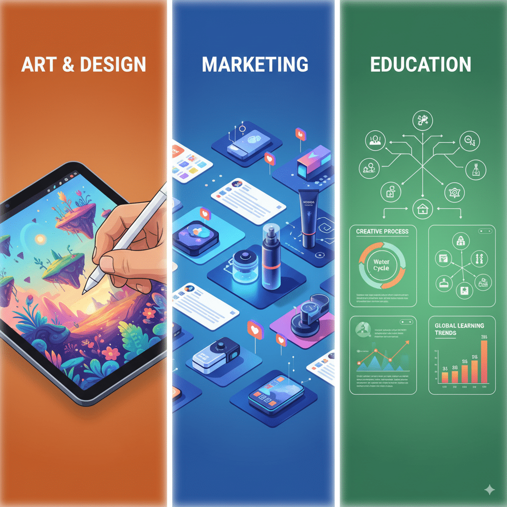 *Collage showing three categories:  Art & Design – digital artwork on a tablet.  Marketing – social media post mockups and product designs.  Education – illustrated diagrams and infographics.*