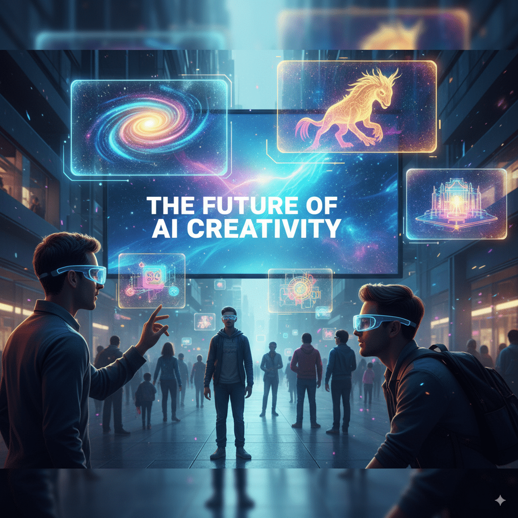 A futuristic scene with holographic AI-generated images floating in the air, people wearing AR glasses interacting with them, and text “The Future of AI Creativity.”