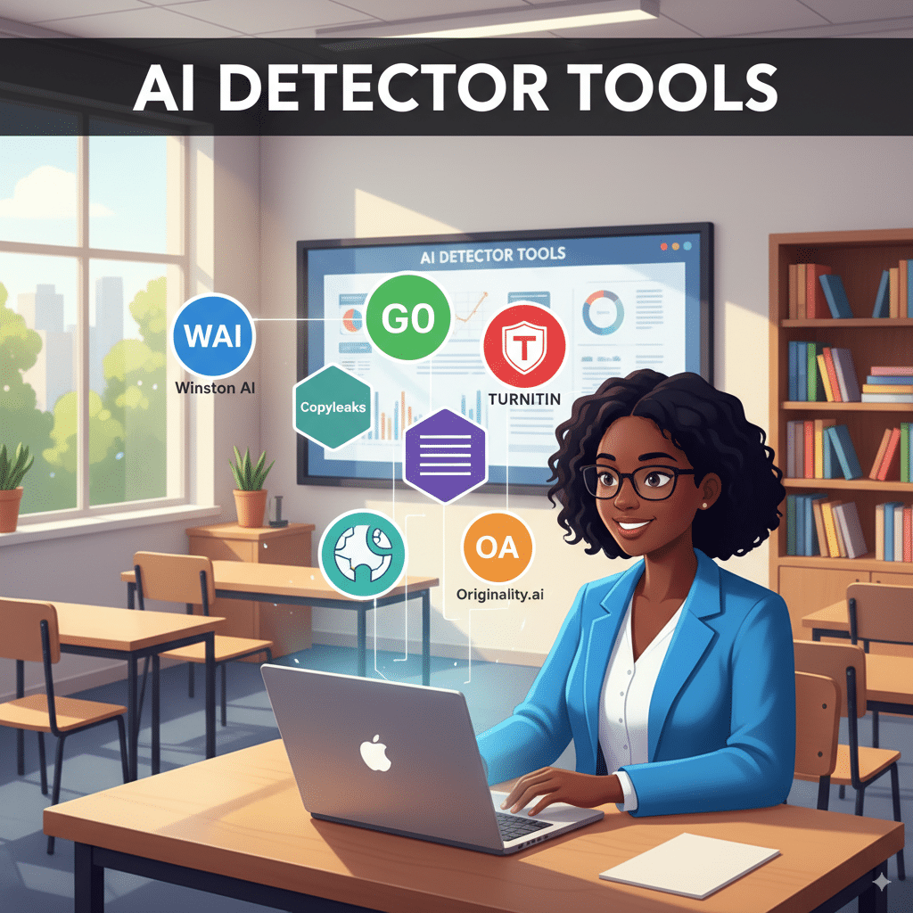 modern classroom illustration with a teacher at a desk A modern classroom illustration with a teacher at a desk, laptop open, showing “AI Detector Tools” icons floating above (Winston AI, GPTZero, Copyleaks, Originality.ai, Turnitin). Bright academic theme, square format.
