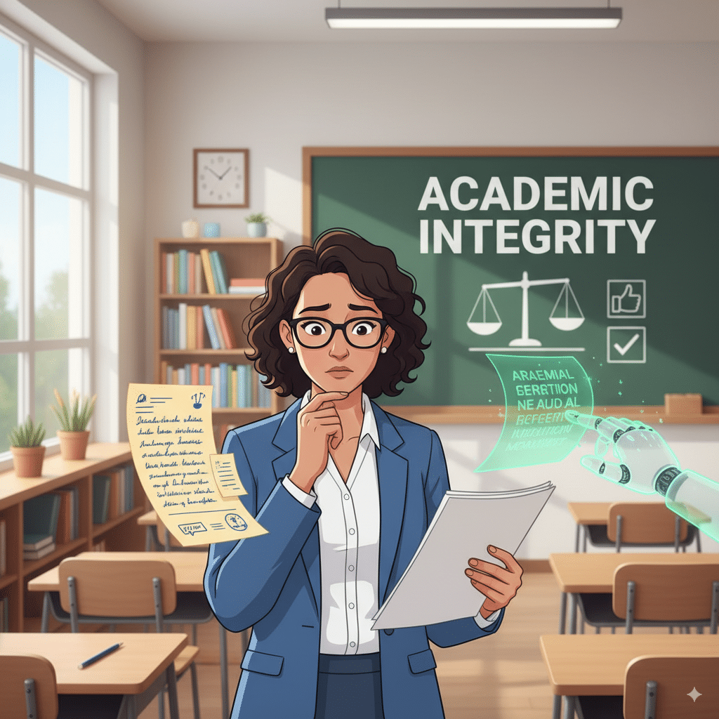 Illustration of a teacher holding papers while AI-generated text Illustration of a teacher holding papers while AI-generated text (robot typing) and handwritten notes float side by side. Background: classroom with chalkboard labeled “Academic Integrity.”