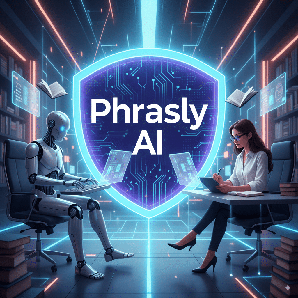 glowing shield labeled “Phrasly AI” Modern illustration of a glowing shield labeled “Phrasly AI” standing between a robot typing on one side and a human writer on the other. Text overlay: “Phrasly AI.” Bright, futuristic, academic theme.