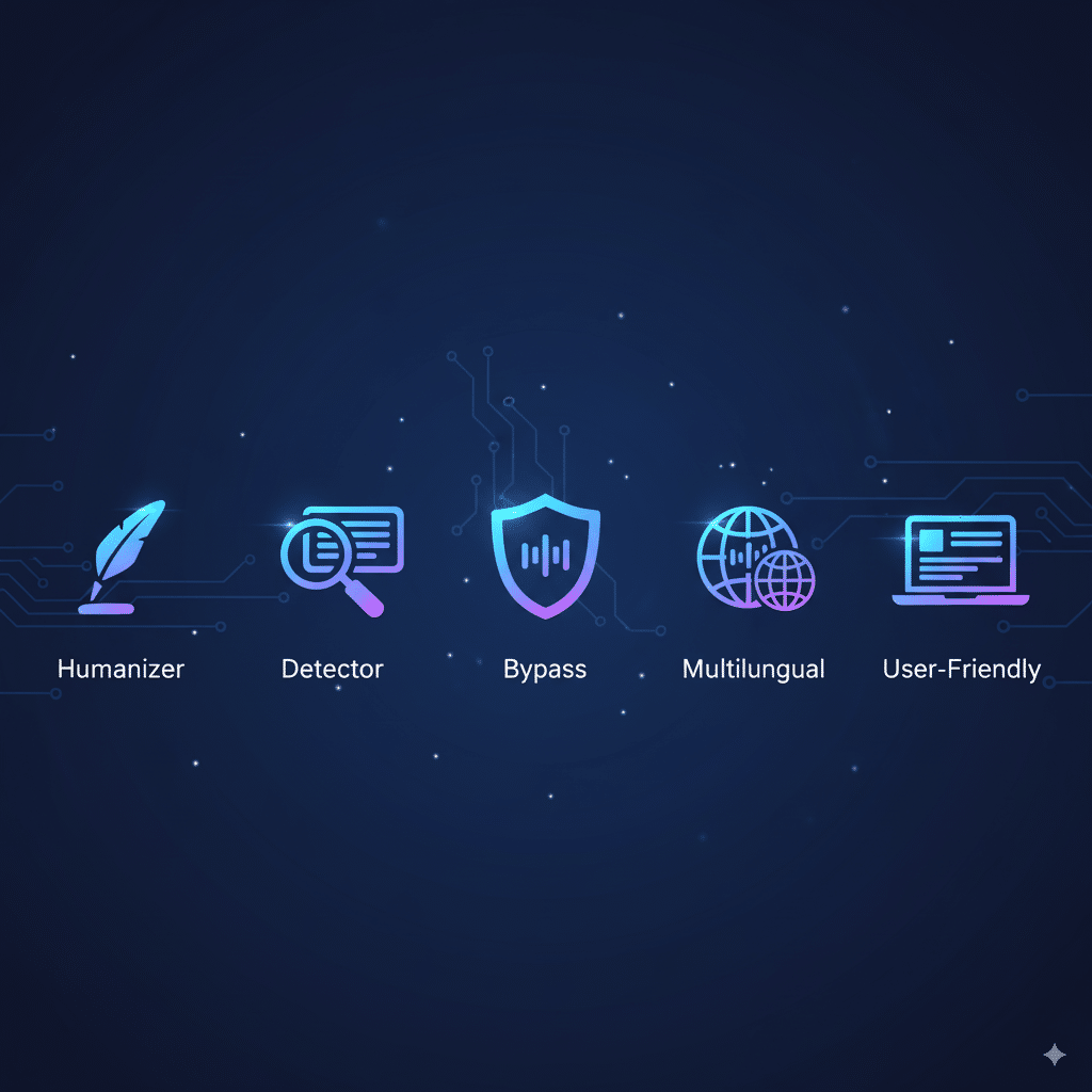 illustration with icons for each feature Infographic-style illustration with icons for each feature: “Humanizer” (quill pen icon), “Detector” (magnifying glass over text), “Bypass” (shield icon), “Multilingual” (world globe), “User-Friendly” (laptop with clean dashboard).