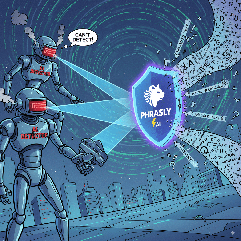 AI detectors (robots with scanners) chasing text Illustration of a cat-and-mouse chase: AI detectors (robots with scanners) chasing text, while Phrasly AI shield scrambles sentences and diverts detection beams.