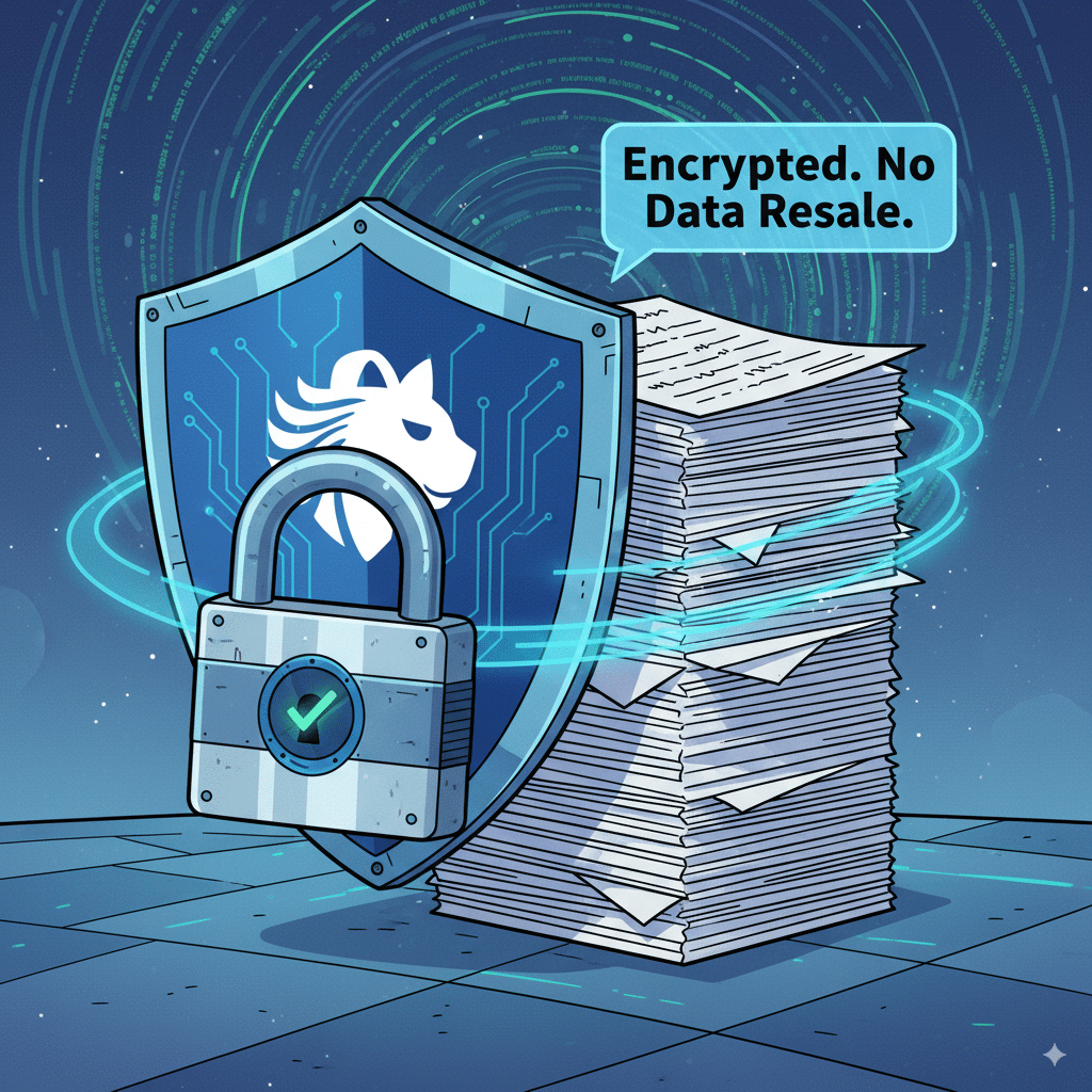 digital lock and shield protecting a stack Illustration of a digital lock and shield protecting a stack of essays/documents, with text bubble: “Encrypted. No Data Resale.” Clean, trustworthy look.