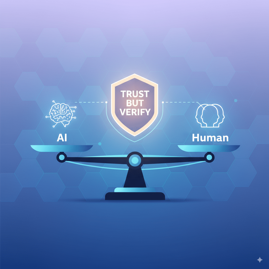 illustration of a balance scale Flat-style illustration of a balance scale: on one side, “AI,” and on the other, “Human.” A glowing shield labeled “Trust but Verify” in the middle. Techy but clean design.