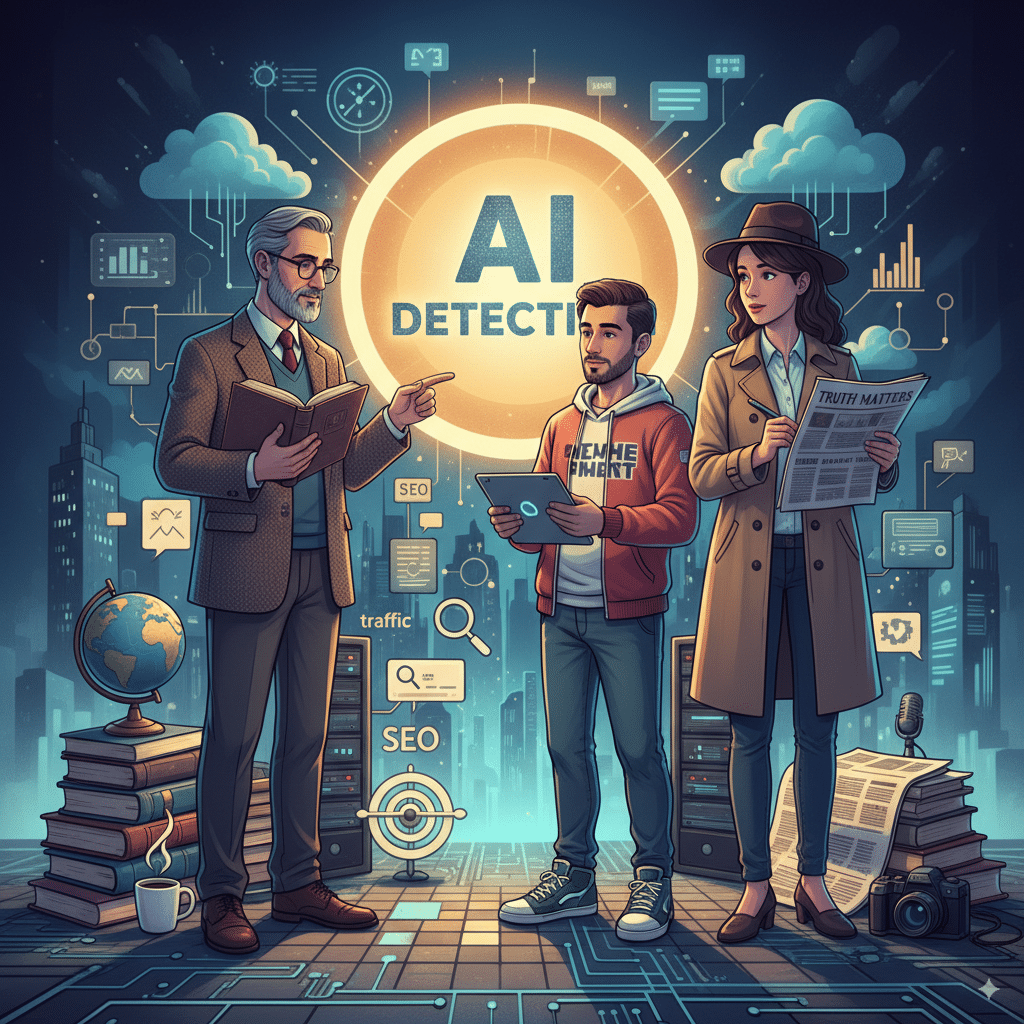 professor, a marketer, and a journalist standing together Illustration of a professor, a marketer, and a journalist standing together, looking at a glowing shield labeled “AI Detection.” Books, laptops, and newspapers scattered around them to represent education, SEO, and publishing.