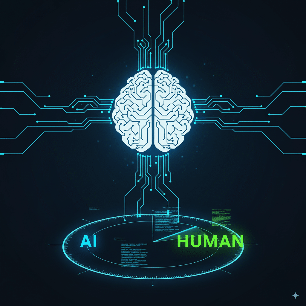 Concept art of a digital brain connected to data lines Concept art of a digital brain connected to data lines, with a radar screen analyzing text. Words like “AI” and “Human” flash on the screen. Futuristic but simple style.