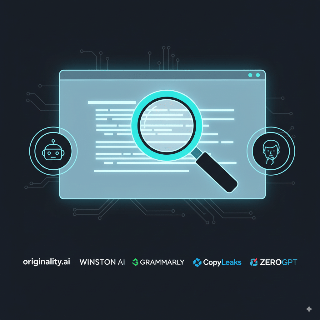 illustration of a magnifying glass scanning digital text on a glowing screen A modern flat illustration of a magnifying glass scanning digital text on a glowing screen, with icons of AI and human faces.