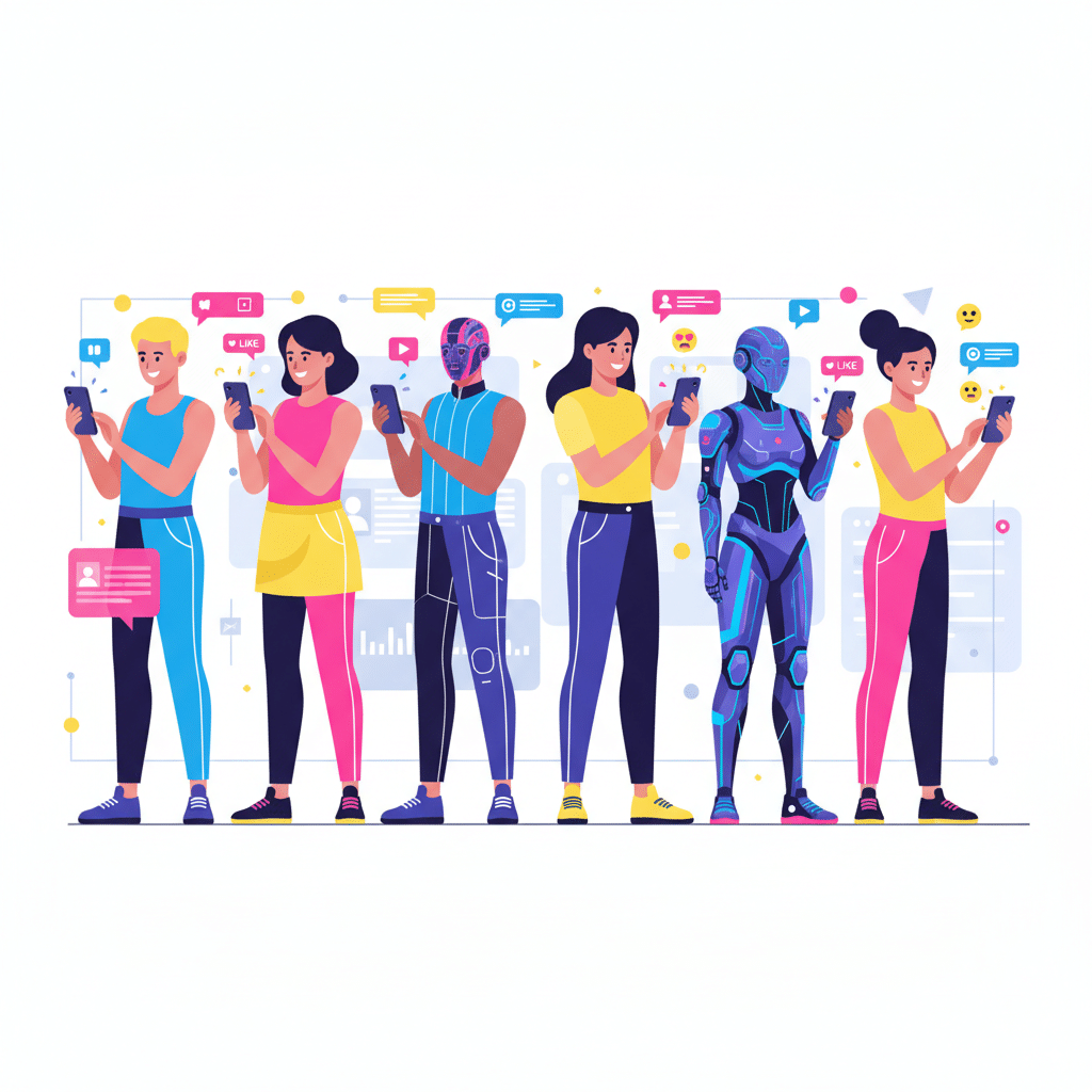 illustration of AI avatars and human influencers side by side A futuristic flat illustration of AI avatars and human influencers side by side, holding smartphones and recording UGC-style videos. Bright, engaging colors, modern digital design, minimalistic background.