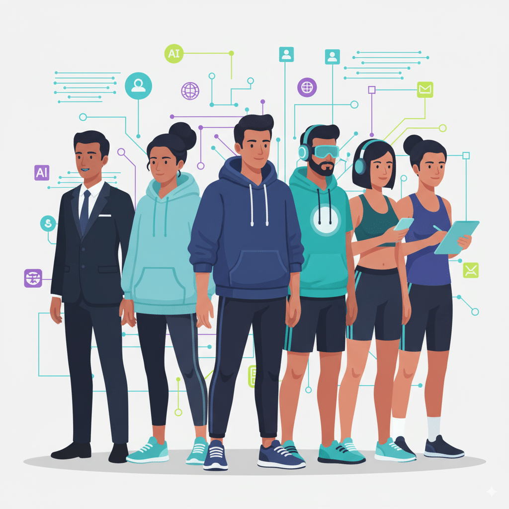 A diverse lineup of digital AI avatars A diverse lineup of digital AI avatars (male, female, professional, casual, gamer styles) standing together in a flat digital illustration with a tech-inspired background.