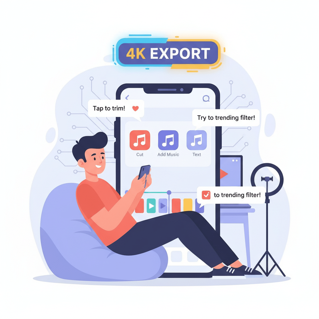 Illustration of a young beginner editing a TikTok-style video on their phone with simple tools, tutorial popups, and “4K export” label glowing above.