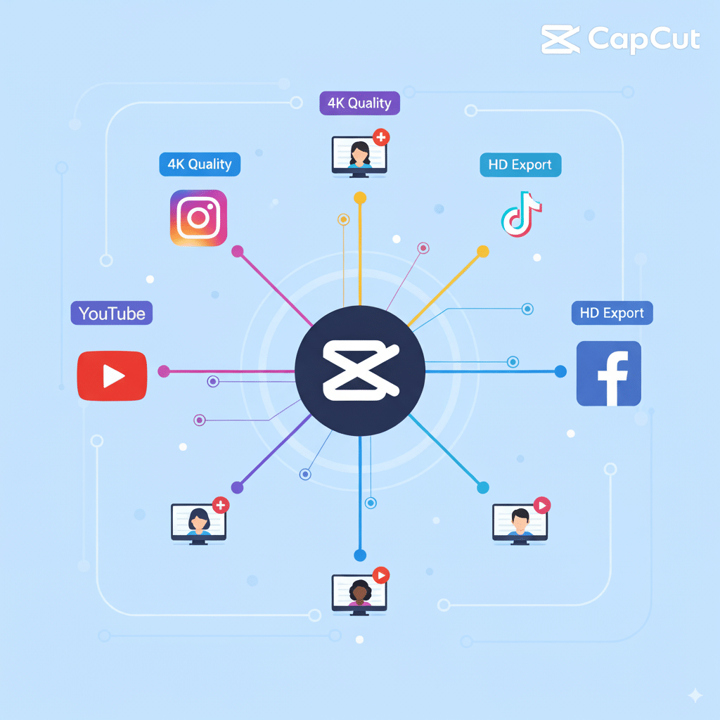 Flat illustration of different platforms (YouTube, TikTok, Instagram, Facebook logos) connected to CapCut, with creators exporting videos in high quality.