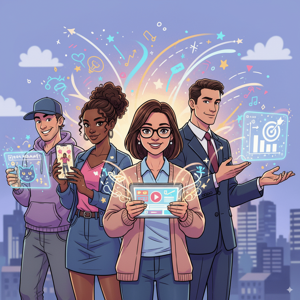 Illustration of different creators Illustration of different creators: a teacher, marketer, influencer, and meme-maker, all holding video previews glowing with creativity.