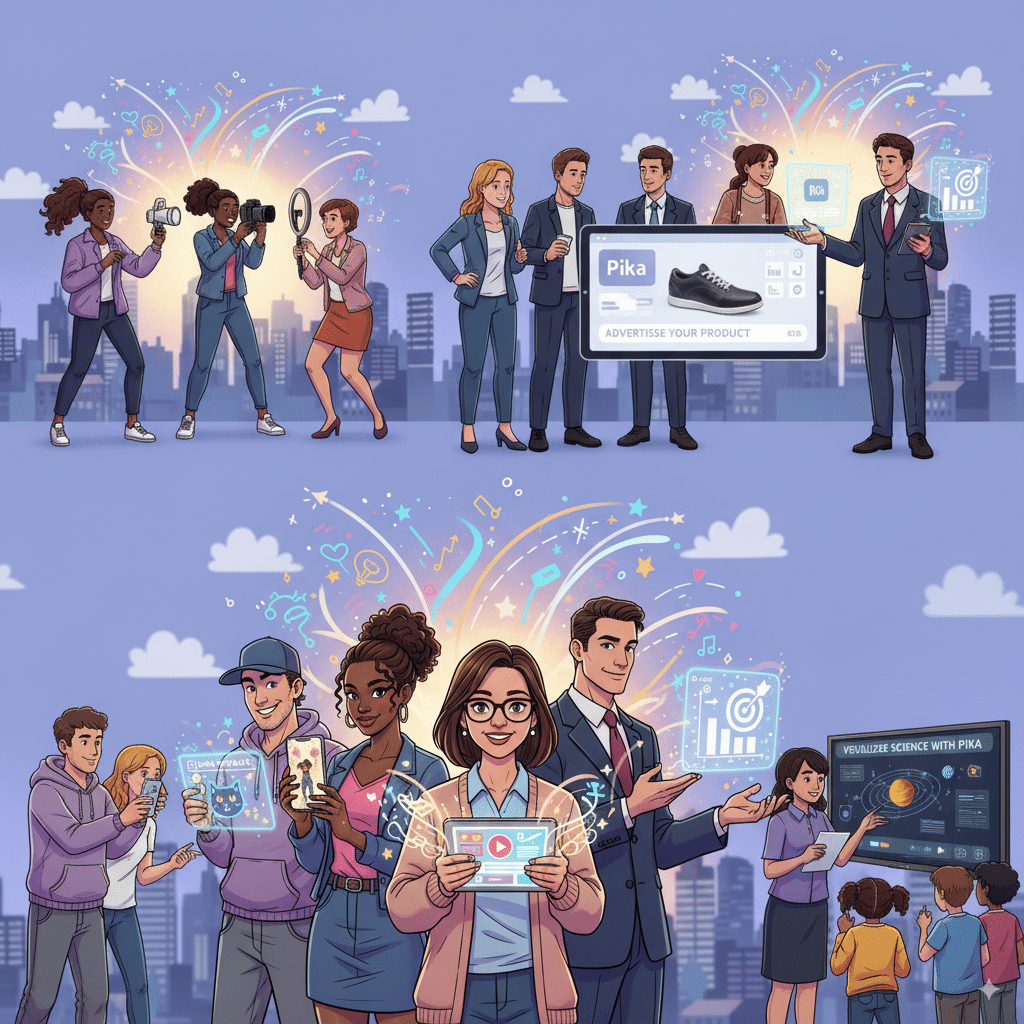 Flat illustration of different groups using Pika Flat illustration of different groups using Pika: TikTok influencer filming, advertiser showcasing product, teacher explaining science with visuals.